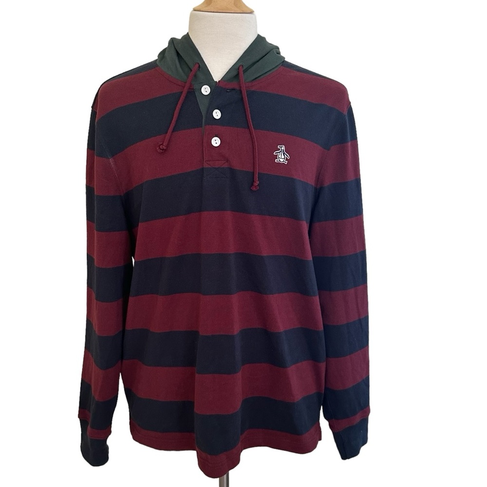 Original Penguin By Munsingwear Men’s Long Sleeves Hoodie Burgundy & Blue Size L